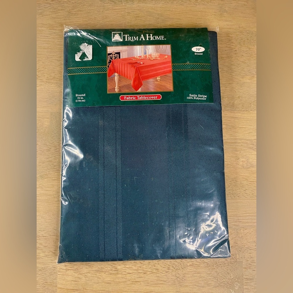 Vtg 70” Round Christmas Green Satin Stipe Cloth Tablecloth Trim A Home Kmart New